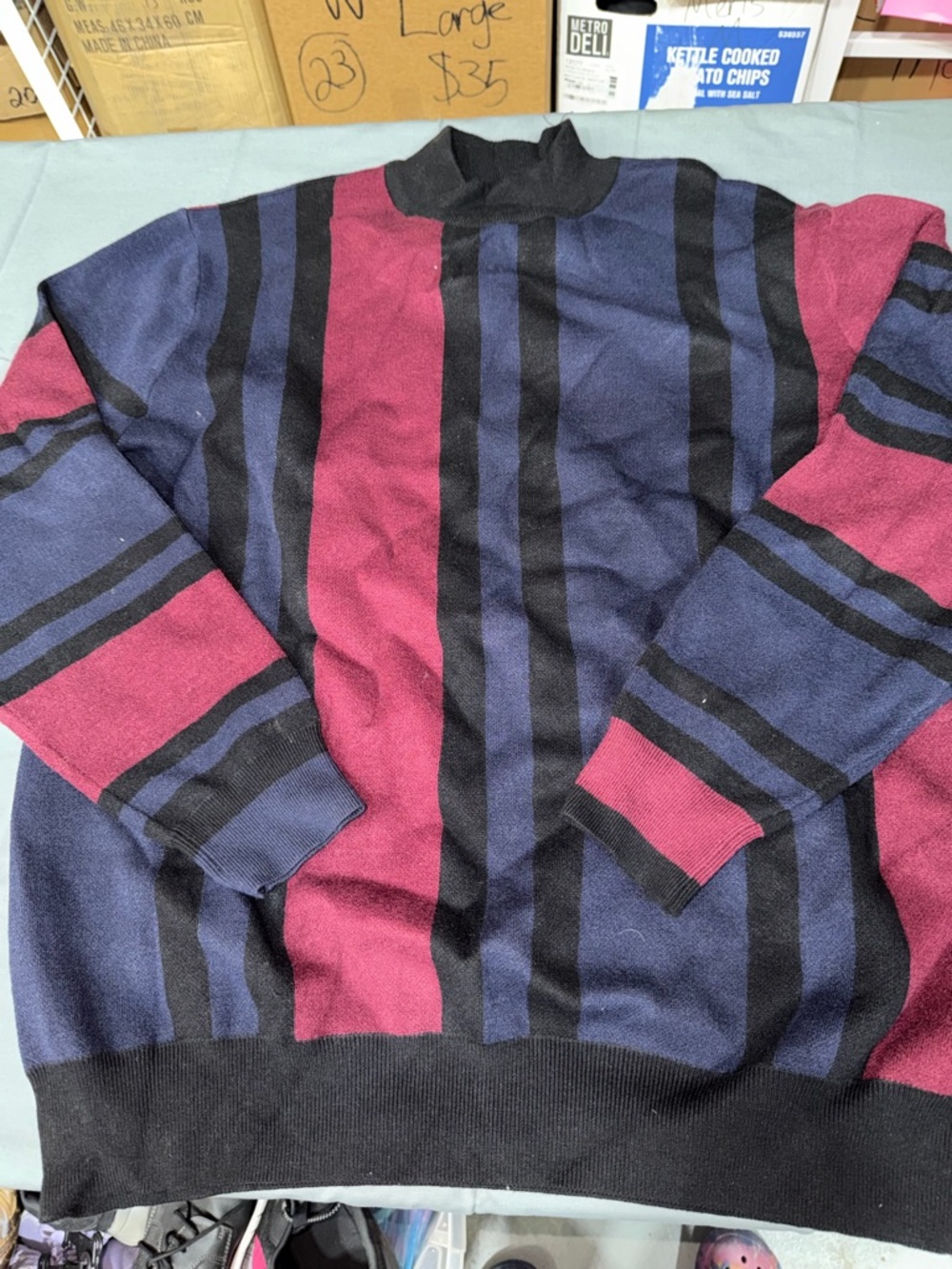 Grace Karin Burgundy, Navy, and Black Striped Mock Neck Sweater
